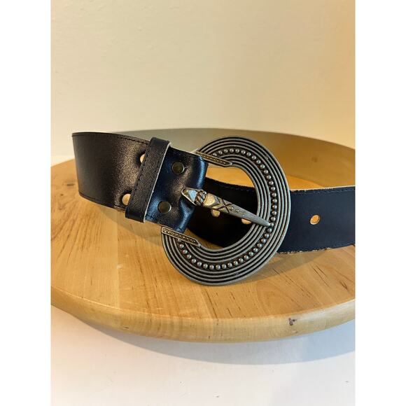 Vintage Chunky Silver Buckle Midnight Blue Leather Wide Belt Size Small main image 9